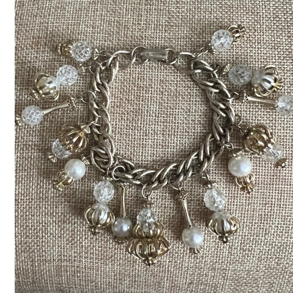 Vintage Gold Tone Faux Pearl Crystal Bead Multi Charm Bracelet 6.75 In Royalcore